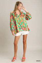 Umgee Satin Paisley Ruffle Neck Button-Up Shirt OutfitFlow